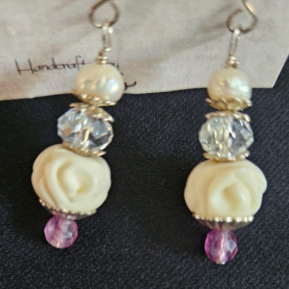 Handcrafted Freshwater Pearl Quartz Crystal Fluorite Earrings - Picture 2 of 3